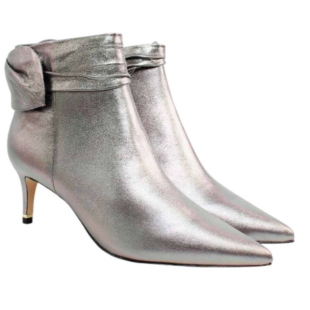 Ted Baker Yona Metallic Silver Bow Size Zip Women's Ankle Heel Boots Sz 39 or 9